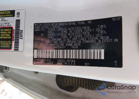 2008 Toyota Tundra Sr5 5.7L V8 z USA, uszkodzony, nr VIN 5TFSV54188X004911